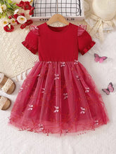 Cargar imagen en el visor de la galería, Vestido rojo con falda de tul y detalles de mariposas

