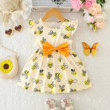 Cargar imagen en el visor de la galería, Vestido amarillo con estampas de abeja con moño naranja
