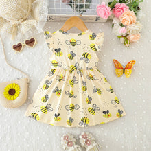 Cargar imagen en el visor de la galería, Vestido amarillo con estampas de abeja con moño naranja

