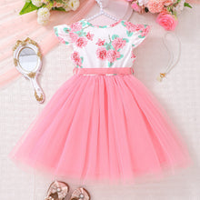 Cargar imagen en el visor de la galería, Vestido con estampas de flores y falda de tul rosa con cinto
