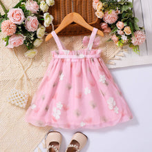 Carregar imagem no visualizador da galeria, Vestido rosa de tul con estampas de flores y moño
