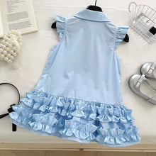 Cargar imagen en el visor de la galería, Vestido celeste con volados y moño azul marino
