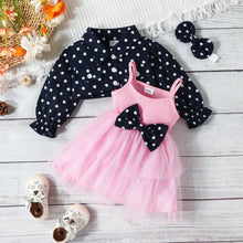 Cargar imagen en el visor de la galería, Vestido de tul escalonado rosa con moño y bolero azul marino a motas con vincha tipo Minnie
