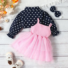 Cargar imagen en el visor de la galería, Vestido de tul escalonado rosa con moño y bolero azul marino a motas con vincha tipo Minnie
