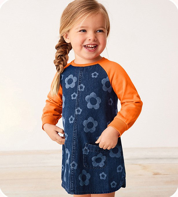 Vestido jeans con estampas de flores y mangas naranja