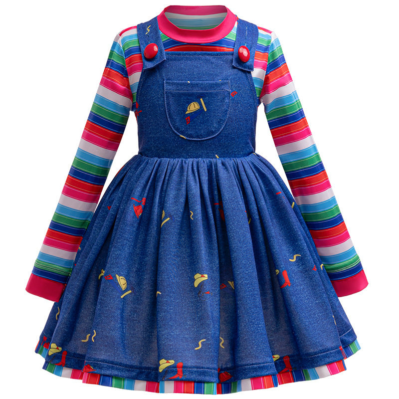 Vestido tipo jardinera azul y blusa a rayas colorido estilo el muñeco Chucky