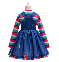 Carregar imagem no visualizador da galeria, Vestido tipo jardinera azul y blusa a rayas colorido estilo el muñeco Chucky
