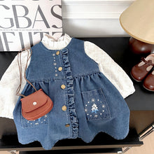Cargar imagen en el visor de la galería, Vestido jeans con volados y camisa blanca con bordados
