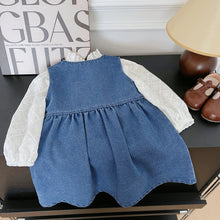 Cargar imagen en el visor de la galería, Vestido jeans con volados y camisa blanca con bordados
