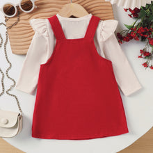 Cargar imagen en el visor de la galería, Blusa beige con volados y vestido rojo con moños de corderoy
