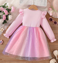 Cargar imagen en el visor de la galería, Vestido rosa con volados y falda de tul colorido con brillo
