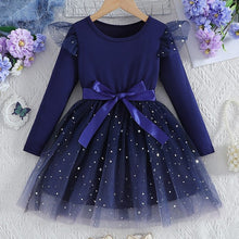Carregar imagem no visualizador da galeria, Vestido con volados azul marino, falda de tul con brillo y cinto
