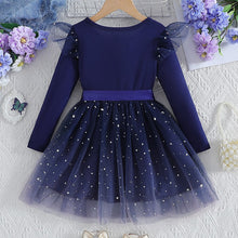 Carregar imagem no visualizador da galeria, Vestido con volados azul marino, falda de tul con brillo y cinto
