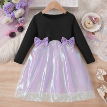 Carregar imagem no visualizador da galeria, Vestido negro y falda metalizado lila con moños
