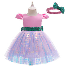 Cargar imagen en el visor de la galería, Vestido rosa, falda de tul con lentejuelas y vincha estilo sirena
