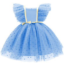 Cargar imagen en el visor de la galería, Vestido con mangas de tul, moño y detalles en dorado con moño
