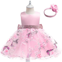 Carregar imagem no visualizador da galeria, Vestido con detalles de flores y mariposas, cinto de lentejuelas, moño y vincha
