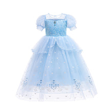 Carregar imagem no visualizador da galeria, Vestido largo celeste con lentejuelas, manga abullonada estilo Frozen y capa
