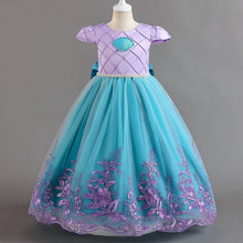 Cargar imagen en el visor de la galería, Vestido lila con tuquesa largo estilo sirena con detalle de encaje y moño
