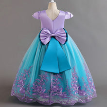 Cargar imagen en el visor de la galería, Vestido lila con tuquesa largo estilo sirena con detalle de encaje y moño
