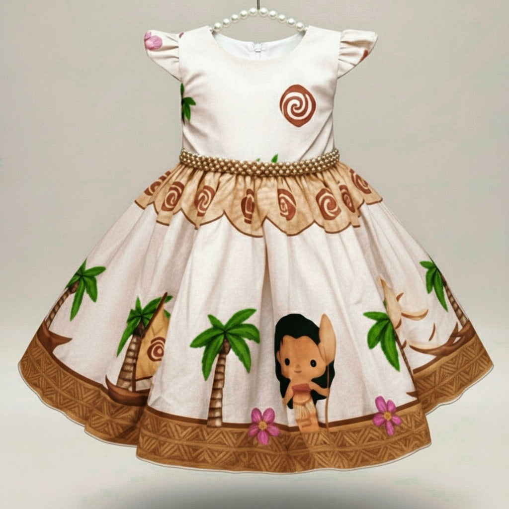 Vestido de Moana con cinto de perlas y moño