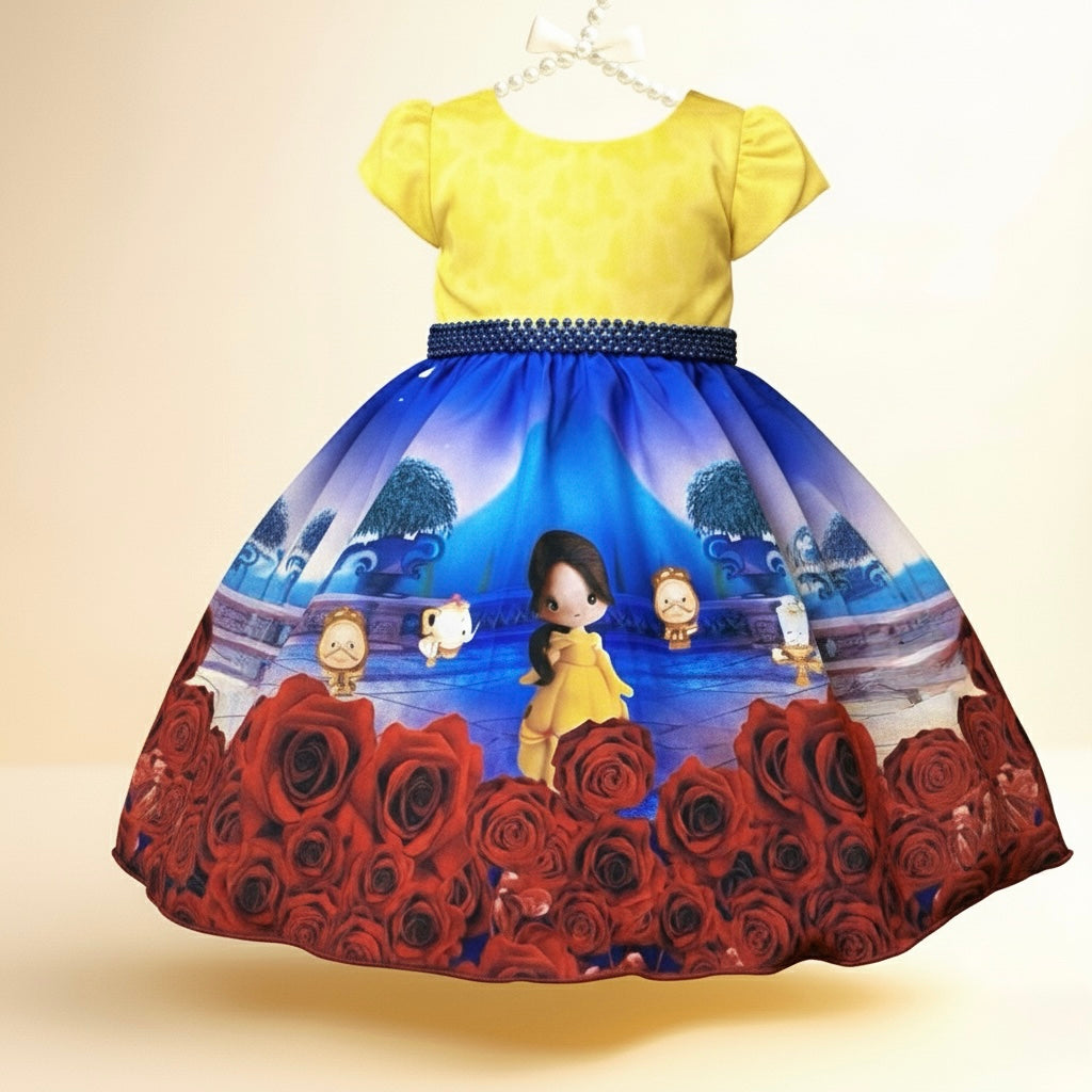 Vestido amarillo estampado estilo Princesa Bella con cinto de perlas