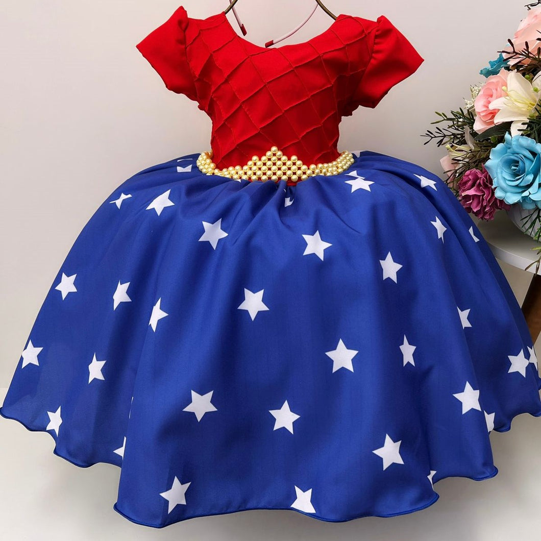 Vestido estilo Mujer Maravilla con cinto de perlas