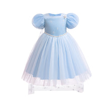 Carregar imagem no visualizador da galeria, Vestido largo celeste con manga abullonada estilo Elsa Frozen con capa
