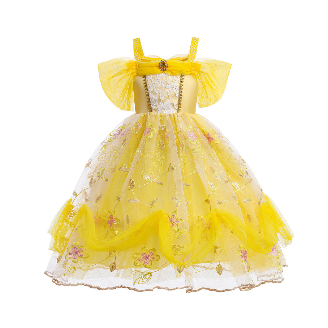 Vestido largo amarillo con detalles de flores y encaje estilo Bella