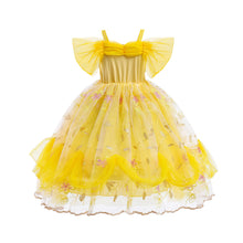 Carregar imagem no visualizador da galeria, Vestido largo amarillo con detalles de flores y encaje estilo Bella
