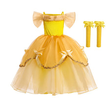 Carregar imagem no visualizador da galeria, Vestido largo amarillo con dorado y moños de seda estilo Bella con guantes
