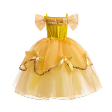 Carregar imagem no visualizador da galeria, Vestido largo amarillo con dorado y moños de seda estilo Bella con guantes
