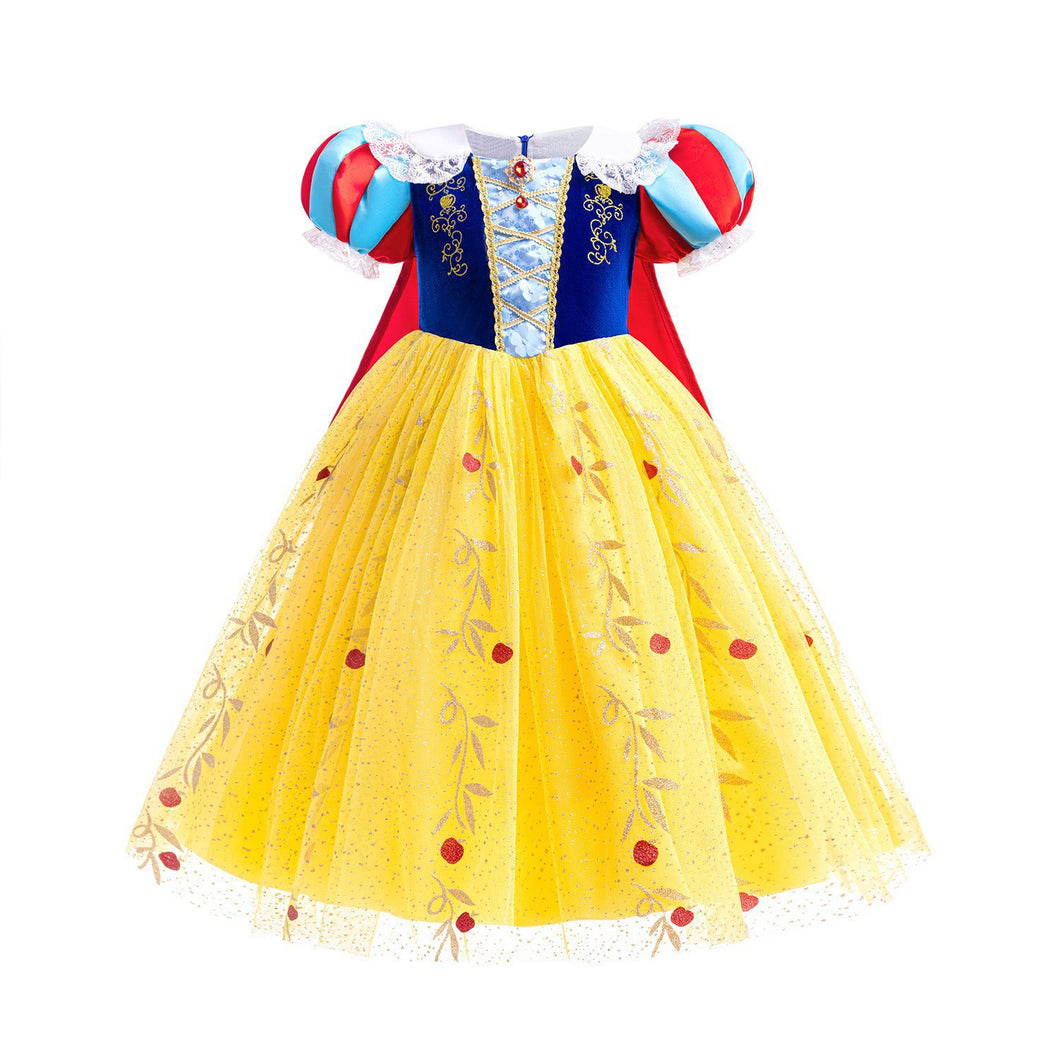 Vestido de Blancanieves con encaje, detalle de lentejuelas y capa