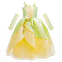 Carregar imagem no visualizador da galeria, Vestido de seda de la Princesa Tiana (y el sapo) con flor y guantes

