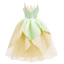 Carregar imagem no visualizador da galeria, Vestido de seda de la Princesa Tiana (y el sapo) con flor y guantes
