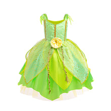 Carregar imagem no visualizador da galeria, Vestido verde detalles en dorado, flor 3D con alas, vincha y varita estilo Tinker Bell
