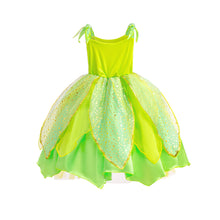 Carregar imagem no visualizador da galeria, Vestido verde detalles en dorado, flor 3D con alas, vincha y varita estilo Tinker Bell
