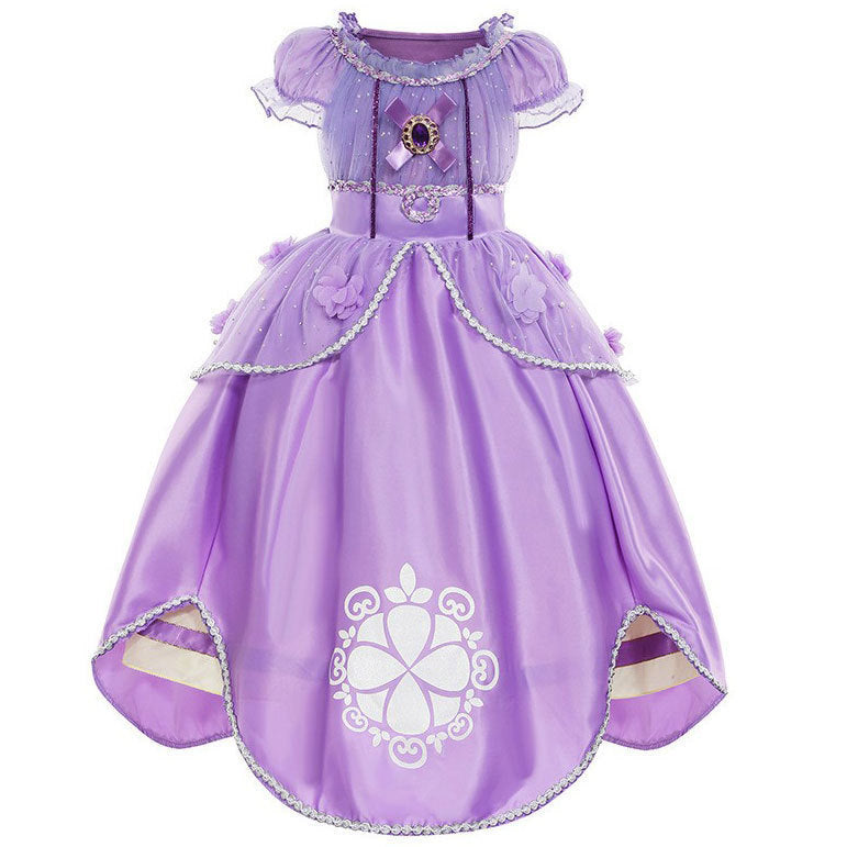 Vestido lila, corte irregular con brillo y flores de Princesa Sofia