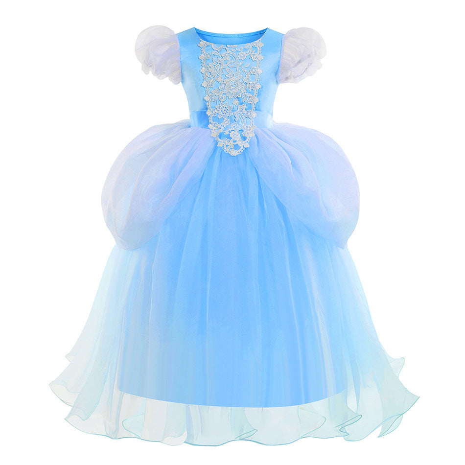 Vestido celeste con manga abullonada y encaje estilo Princesa