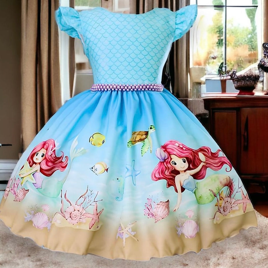 Vestido celeste estilo Sirenita con perlas en la cintura y moño lila