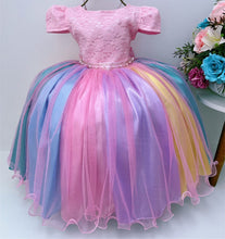 Cargar imagen en el visor de la galería, Vestido rosa con detalles de flores y falda colorida con moño

