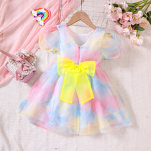 Cargar imagen en el visor de la galería, Vestido colorido con mangas abullonadas y moño amarillo
