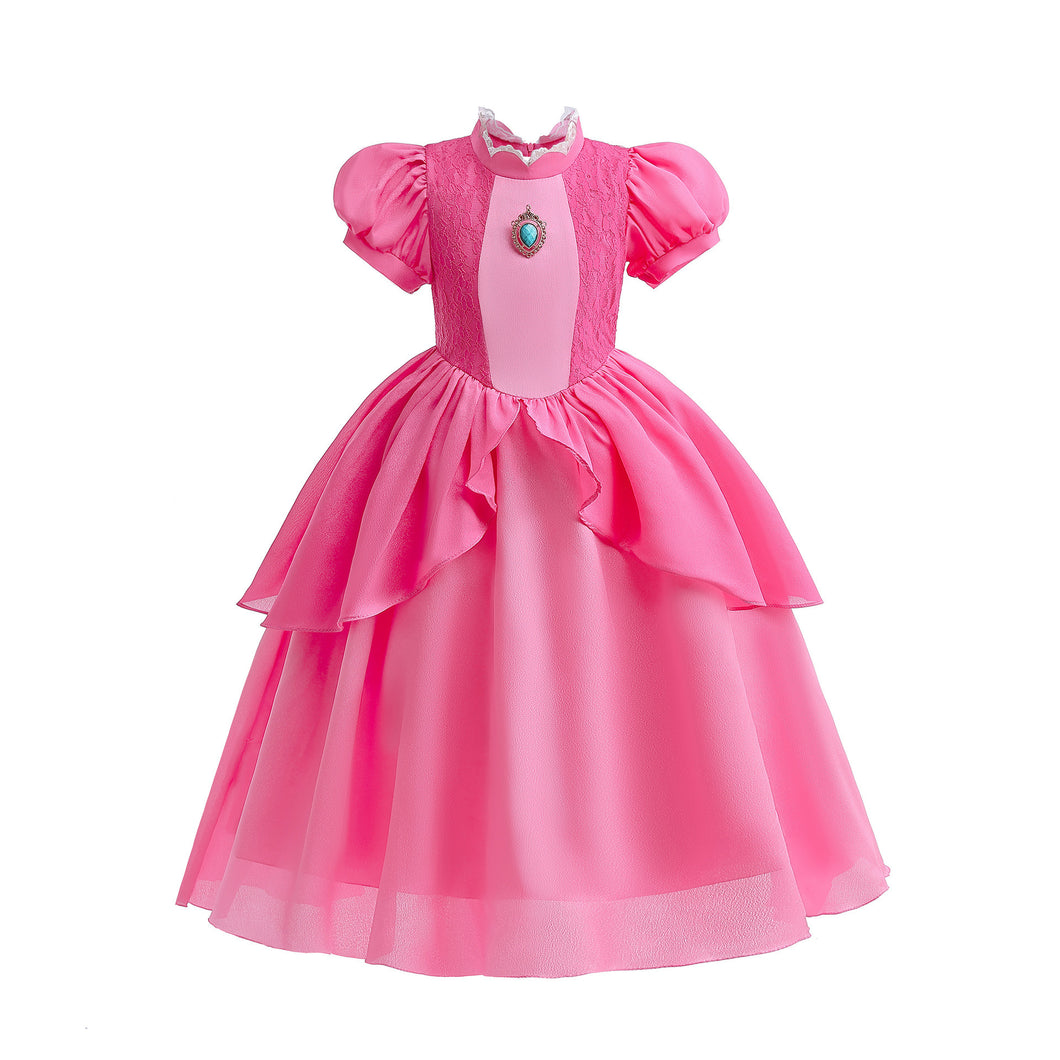 Vestido largo pink con encaje estilo princesa Peach
