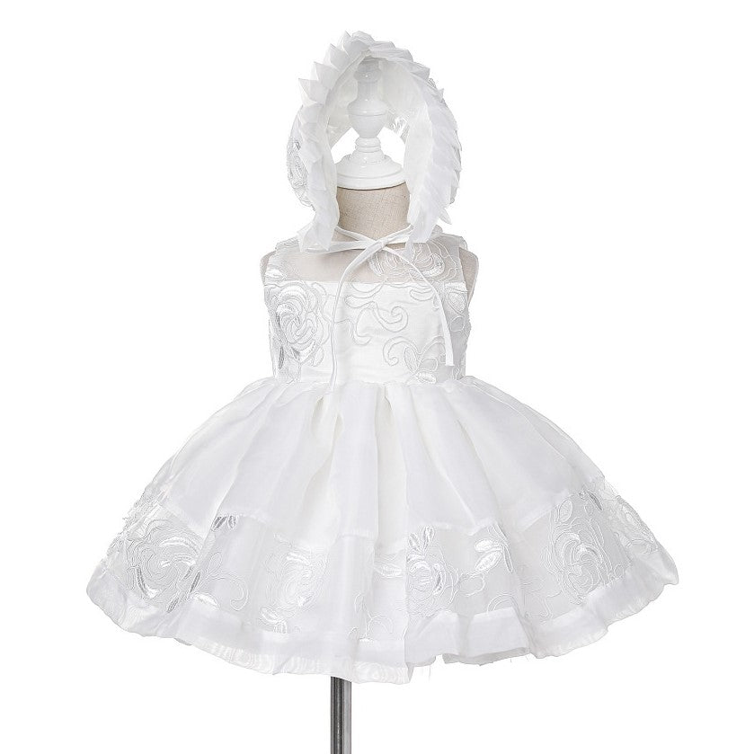 Vestido blanco con moño y bordado de flor con gorro