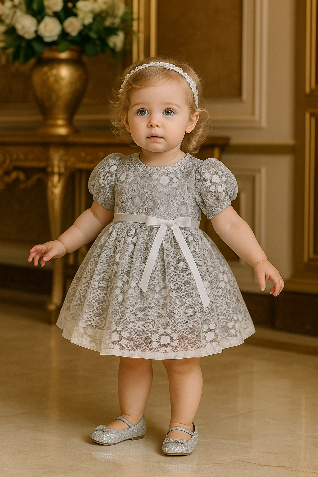 Vestido Gris con encajes Blanco y mangas abullonadas