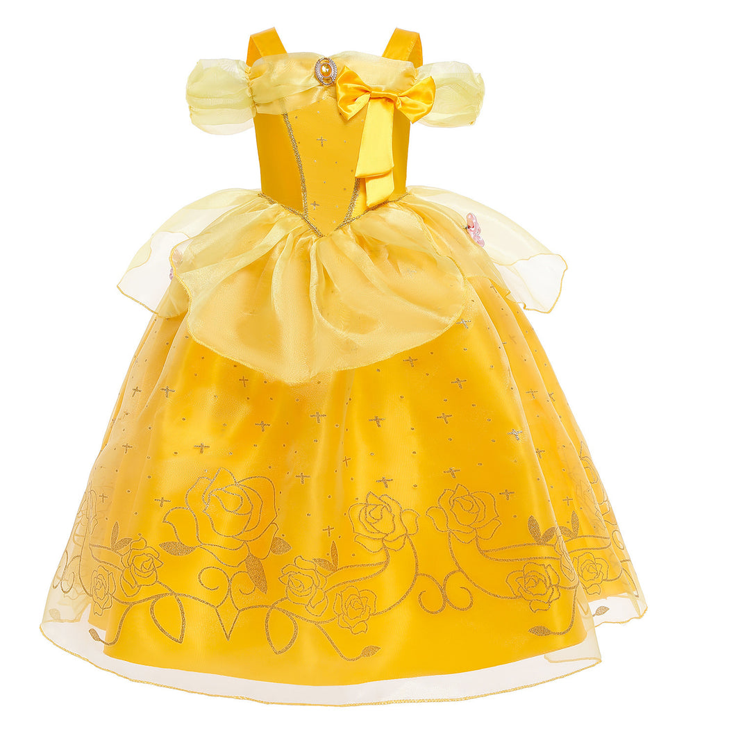 Vestido largo amarillo de Bella con tul y moño