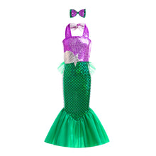 Carregar imagem no visualizador da galeria, Vestido atado al cuello lila con falda verde, escamas con hebilla
