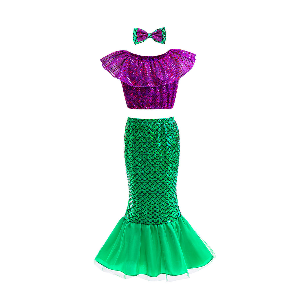 Vestido lila con cola de Sirena y moño