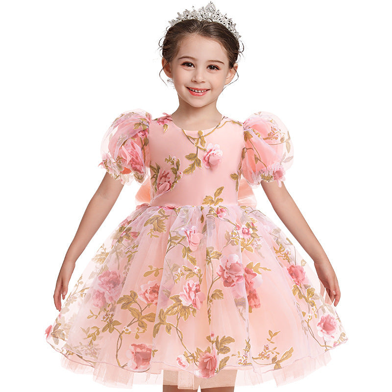 Vestido con mangas abullonadas y detalles de flores 3D