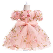 Cargar imagen en el visor de la galería, Vestido con mangas abullonadas y detalles de flores 3D
